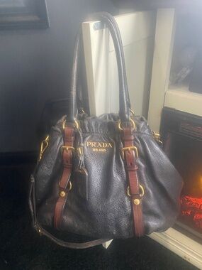 Vintage Prada Vitello Daino Leather Buckle Satchel Bag BlackGold Hardware